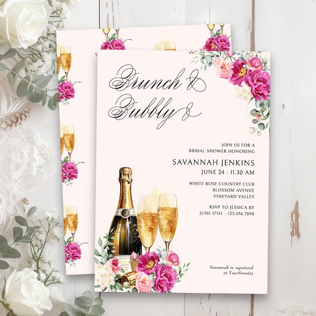 Convites Chá de panela de champanhe Brunch e Borracha Rosa (Brunch & Bubbly Champagne Bridal Shower Invitation on blush pink)