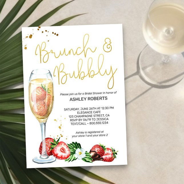 Convites Chá de panela de champanhe de Morangos de Brunch (Champagne & Strawberries Brunch and Bubbly Bridal Shower Invitation)