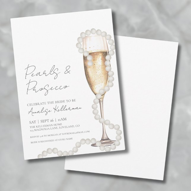 Convites Chá de panela de Champanhe Elegante Pearls & Prose (Elegant Pearls & Prosecco Champagne Bridal Shower Invitation)
