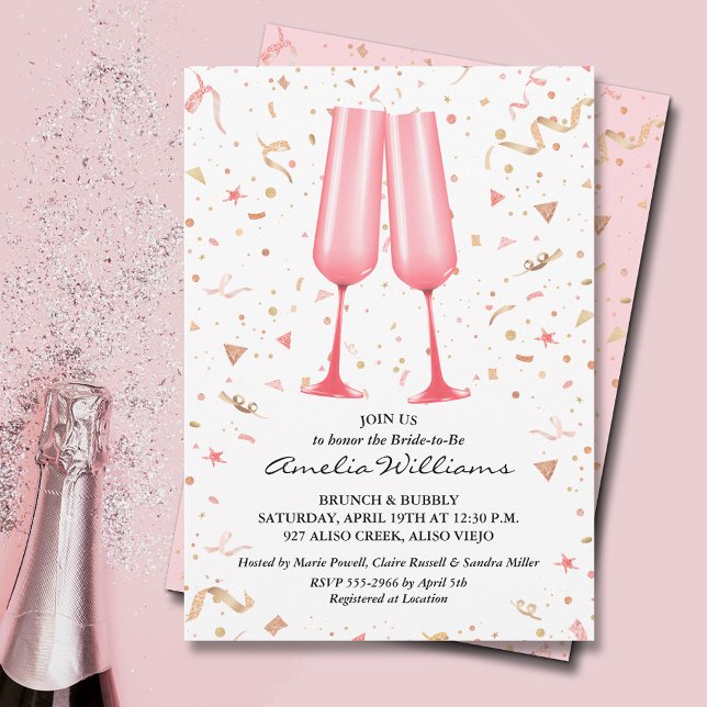 Convites Chá de panela de Champanhe Rosa (Pink champagne glasses and streamers bridal shower invitations)