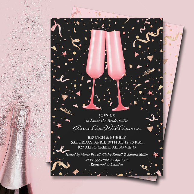 Convites Chá de panela de Champanhe Rosa (Pink champagne glasses and streamers on black bridal shower invitations)