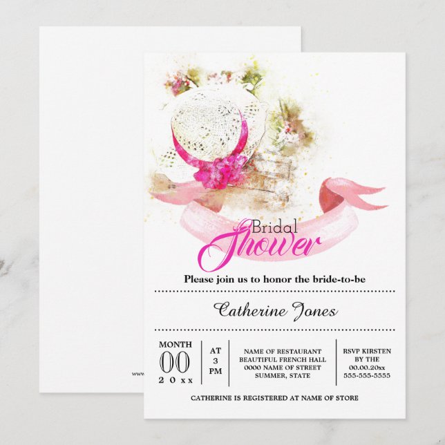 Convites Chá de panela de chapéu floral de verão (Frente/Verso)