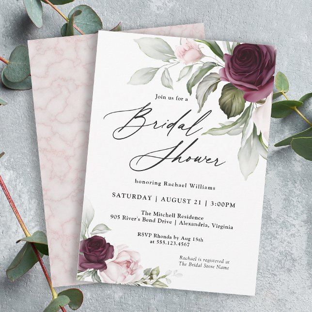 Convites Chá de panela de Charme Botânico Rosa e Plum (A feminine elegant botanical bridal shower invitation to personalize for your shower.)