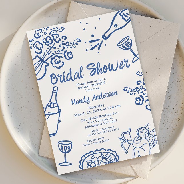 Convites Chá de panela de Cherub Desenhado à Mão Azul Whims (Hand Drawn Bridal Shower Invitation, Bridal Shower Invitations, Hand Drawn Bridal Invitation Blue)