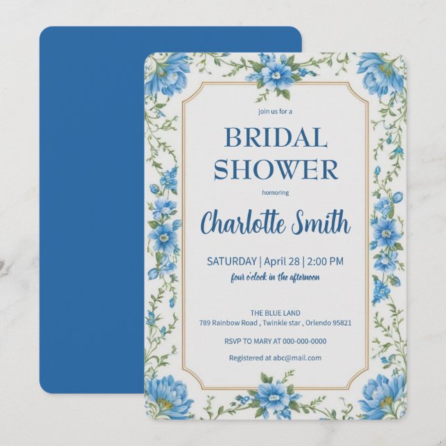 Convites Chá de panela de chinoiserie azul moderna de tendê (Frente/Verso)