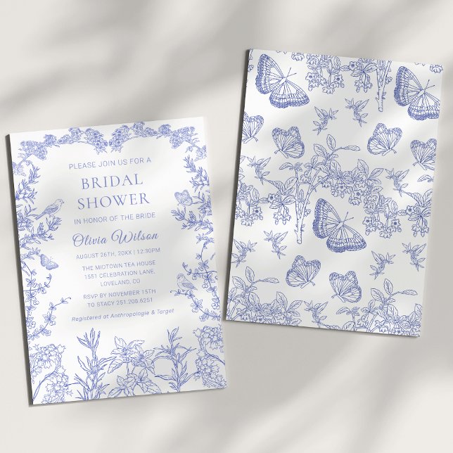 Convites Chá de panela de Chinoiserie do Jardim Balnear Azu (Cobalt Blue whimsical Chinoiserie Floral Bridal Shower Invitation)