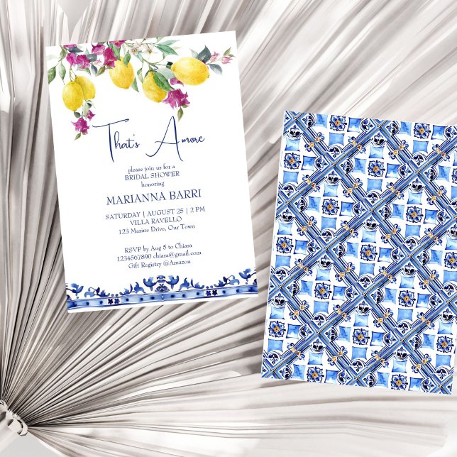 Convites Chá de panela de citrinos (Italian maiolica lemons bougainvillea Mediterranean citrus bridal shower invitation template digital)
