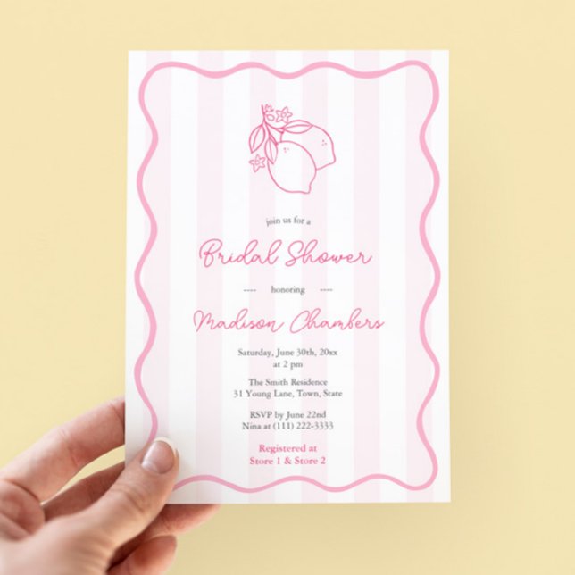 Convites Chá de panela de citrinos cor-de-rosa (Pretty pink and white doodles citrus lemon bridal shower invitation with modern wavy border)