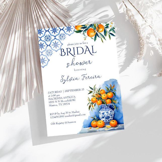 Convites Chá de panela de citrinos de chinoiserie azul de T (Talavera blue chinoiserie citrus oranges summer bridal shower invitation template instant download)