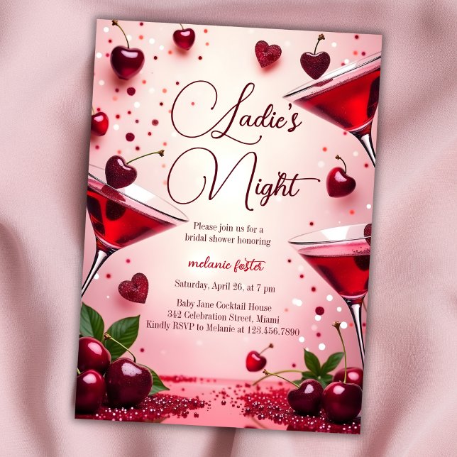 Convites Chá de panela de Cocktail de Cereja Noturna (Elegant Ladies' Night Bridal Shower Invitation with Cherry Cocktail Theme)