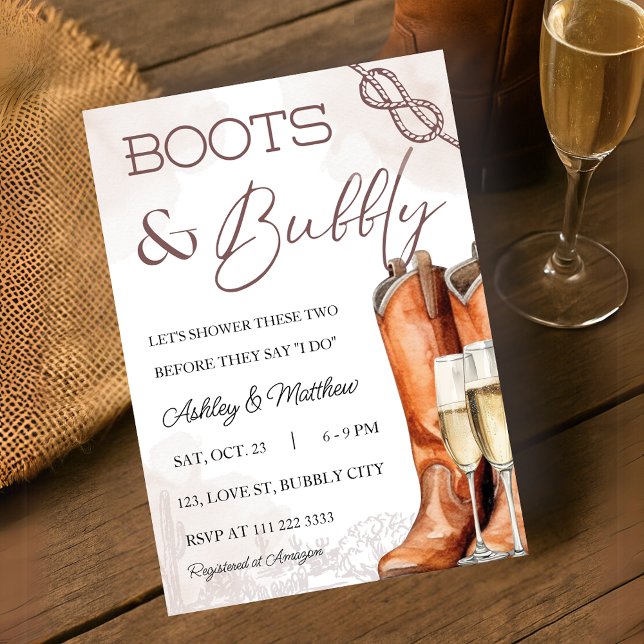 Convites Chá de panela de código do Casal Ocidental de inic (Boots Bubbly Western Couple Coed Bridal Shower Invitation)