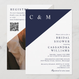 Convites Chá de panela de Código QR de Foto Elegante Azul-m