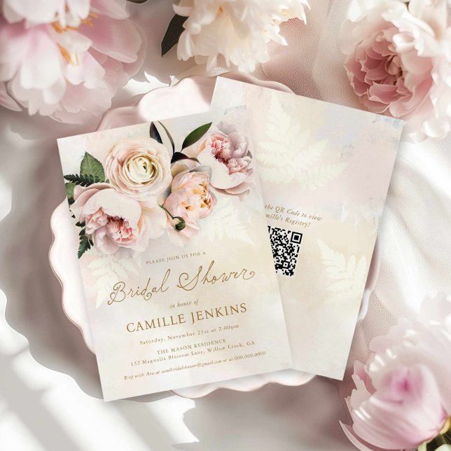 Convites Chá de panela de Código QR do Jardim Floral Rosa E (Pink Blush Floral Garden Bridal Shower Invitation)