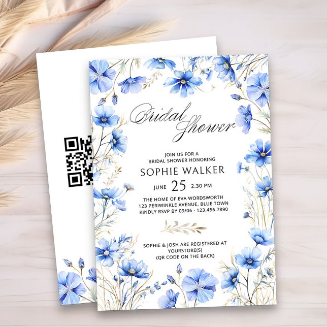 Convites Chá de panela de Código QR Floral Azul Elegante (Something Blue Bridal Shower Invitation with QR Code and Floral Frame)