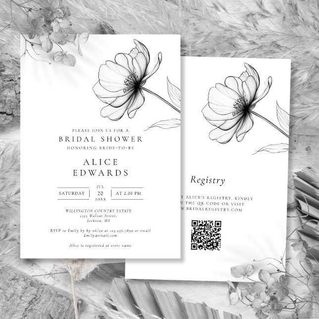 Convites Chá de panela de Código QR Floral de Chic Minimali (Minimalist Chic Floral QR Code Bridal Shower Invitation)