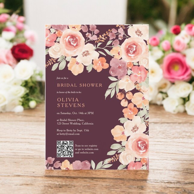Convites Chá de panela de código qr plum plum de queda rápi (Boho rustic fall peach blush qr code bridal shower invitation)