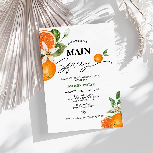 Convites Chá de panela de compressão principal de laranja d (Oranges She Found Her Main Squeeze Bridals Shower Invitation, Citrus Bridal Shower Invitation,)