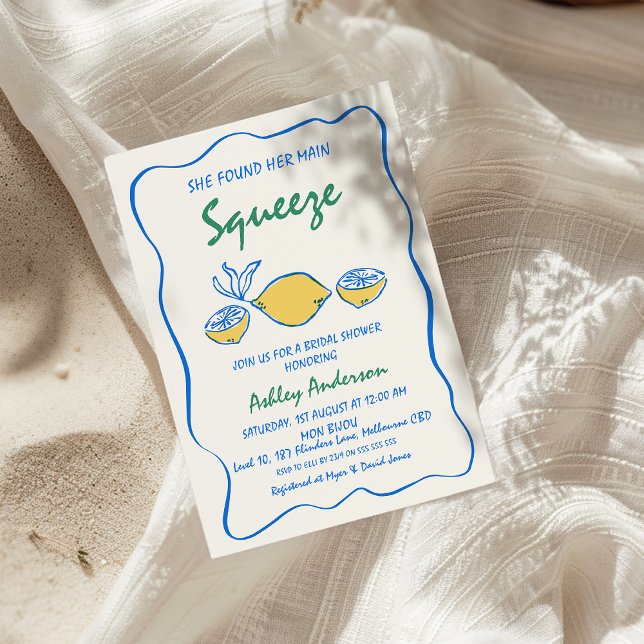 Convites Chá de panela de compressão principal desenhado a  (Whimsical She Found Her Main Squeeze Bridal Shower Invitation, Drawn Lemon Bridal Shower Invitation,)