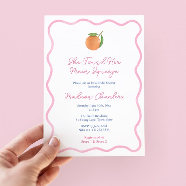 Convites Chá de panela de compressão principal do Citrus ro (Trendy wavy pink border bridal shower invitation with citrus orange and pink and white stripe backer)