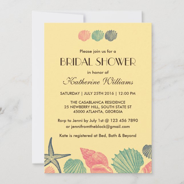 Convites Chá de panela de conchas de Starfish Amarelo (Frente)