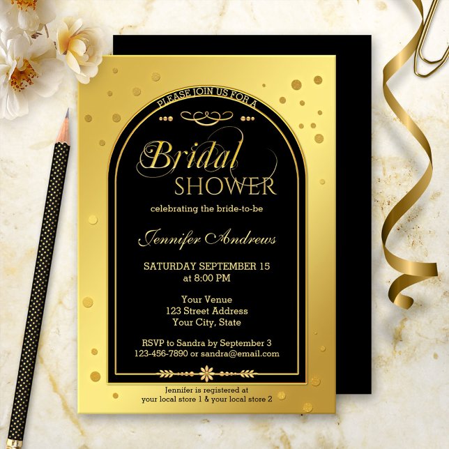Convites Chá de panela de Confetti Chic Preto Dourado (A bridal shower invitation in black and gold with sparkling confetti. )