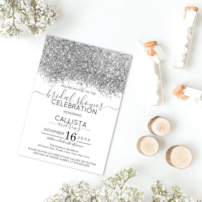 Convites Chá de panela de Confetti Glitter Branco de Prata  (Criador carregado)