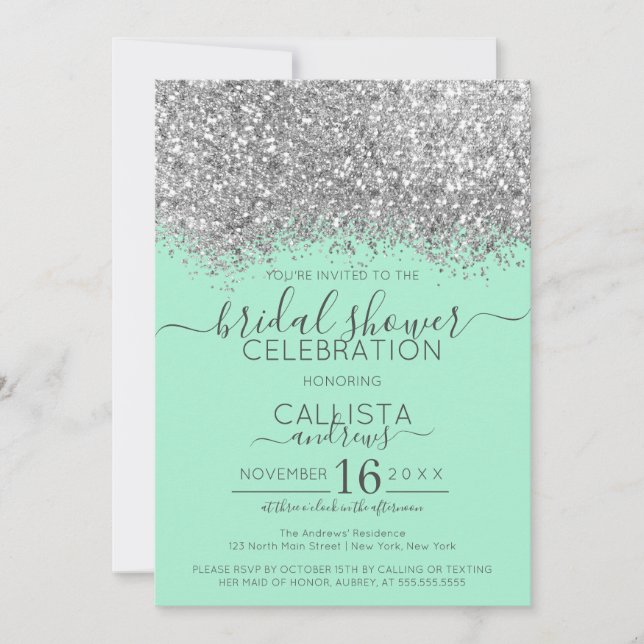 Convites Chá de panela de Confetti Glitter Silver Mint (Frente)