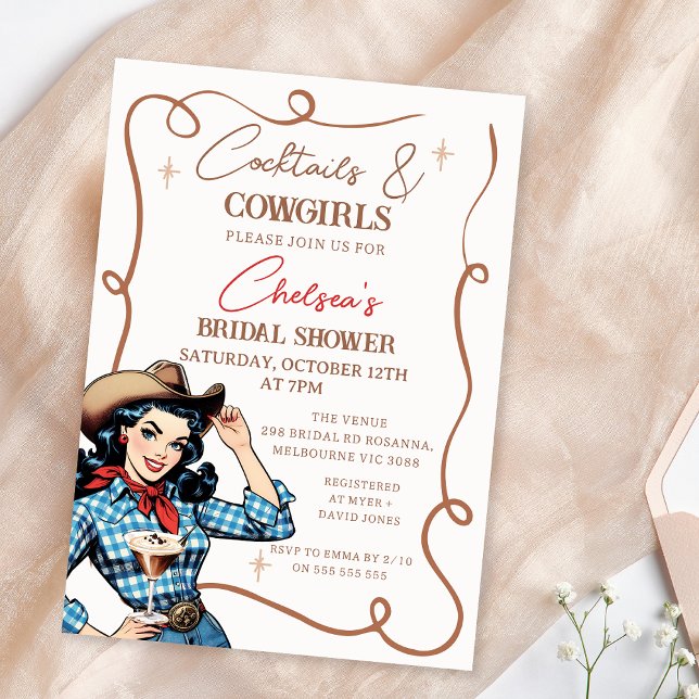 Convites Chá de panela de Coquetéis Castanhos Retro (Cowgirl Bridal Shower Invitation Template, Cocktail and Cowgirls Bridal Shower Invitation Retro)