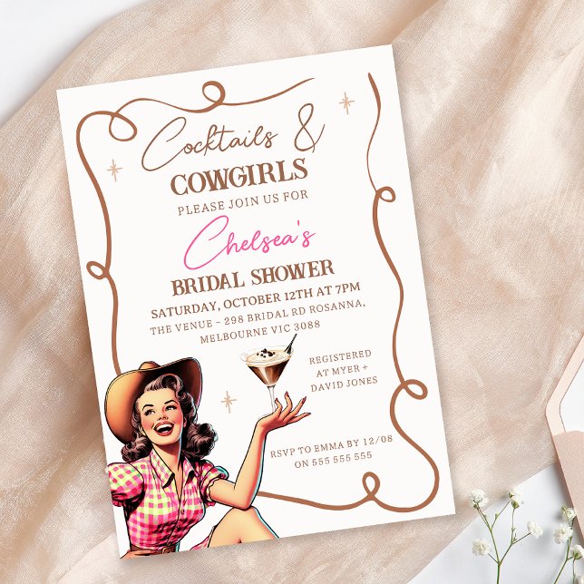 Convites Chá de panela de Coquetéis Castanhos Retro Rosa (Cowgirl Bridal Shower Invitation Template, Cocktail and Cowgirls Bridal Shower Invitation Retro)