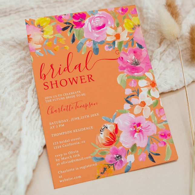 Convites Chá de panela de cor laranja floral Bohemian (Bohemian floral watercolor orange bridal shower invitation)