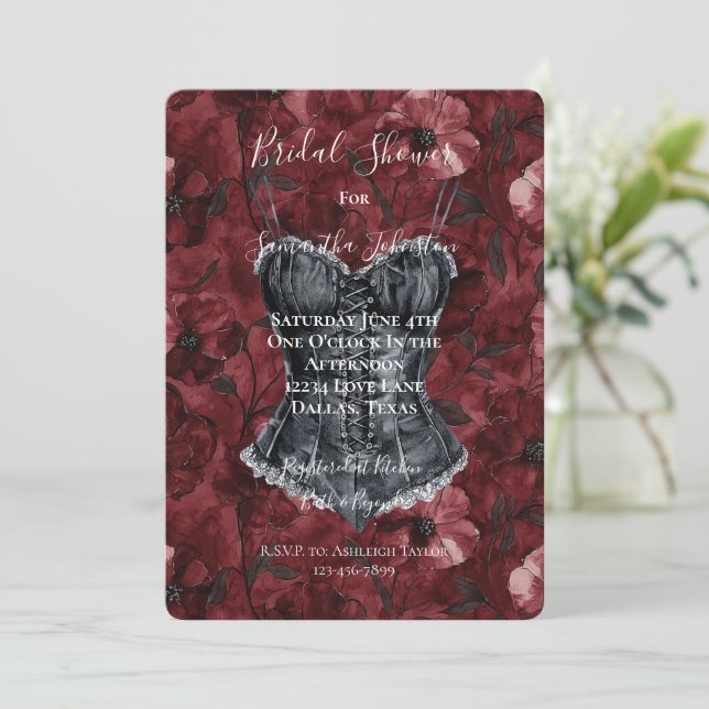 Convites Chá de panela de Corset Floral Vermelho Negro (Em pé/Frente)