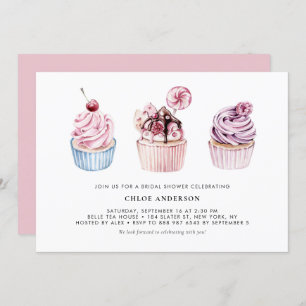 Convites Chá de panela de Cupcakes de Aquarela rosa e roxa