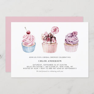 Convites Chá de panela de Cupcakes de Aquarela rosa e roxa