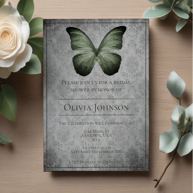 Convites Chá de panela de Damasco da Borboleta Verde (Green Vintage Butterfly Damask Bridal Shower Invitation)