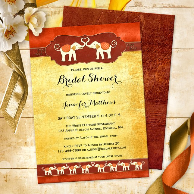 Convites Chá de panela de Elefantes Brancos (Elegant Indian bridal shower invitation featuring two ivory colored elephants in love, with tribe)