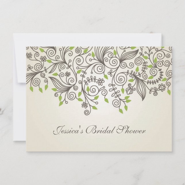 Convites Chá de panela de espirais castanhas e folhas verde (Frente)