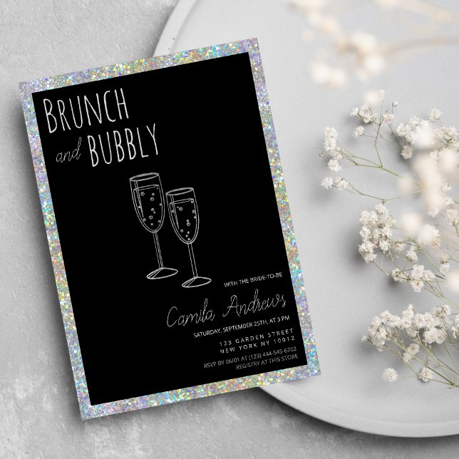 Convites Chá de panela de espuma de prata preta Brunter (Black Silver Glitter Brunch Bubbly Bridal Shower )