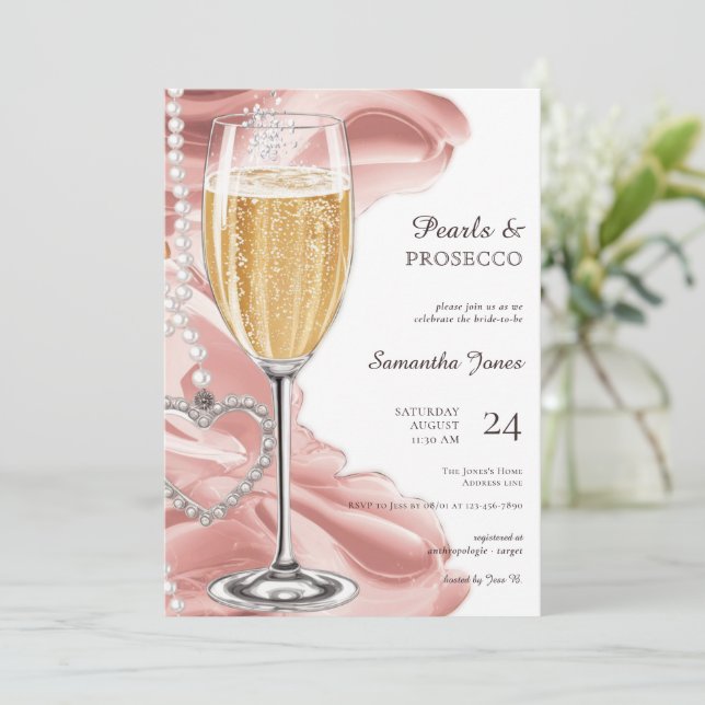 Convites Chá de panela de espuma rosa e prosecco Brunbble (Em pé/Frente)