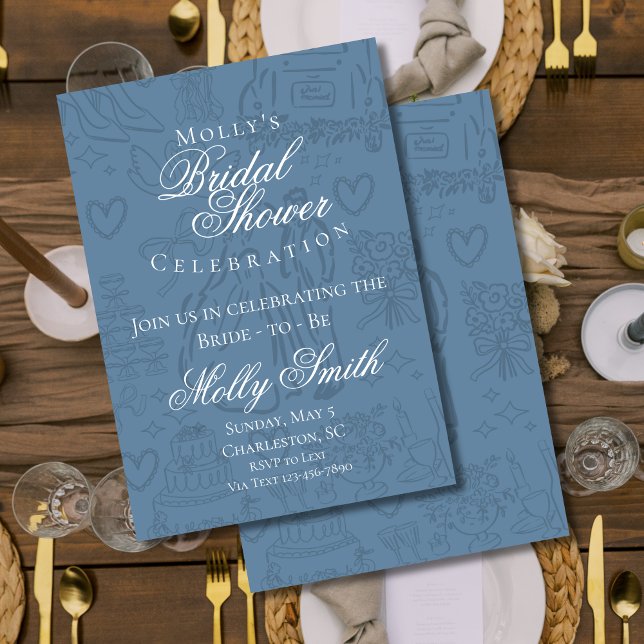 Convites Chá de panela de Esquema Azul Clássico Dusty (Classic Wedding Sketch Art invite with modern font – perfect for engagement or bridal celebrations!)