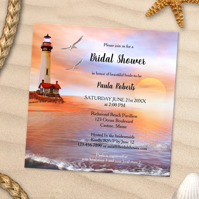 Convites Chá de panela de farol de praia (Bridal shower invitation featuring a romantic painting of a beach and lighthouse with two seagulls)