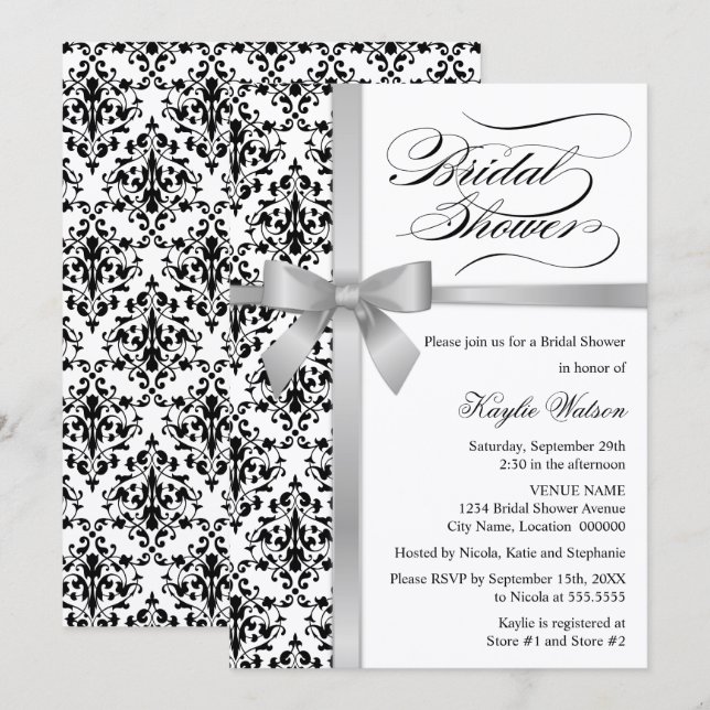 Convites Chá de panela de Faux Silver do Damask (Frente/Verso)
