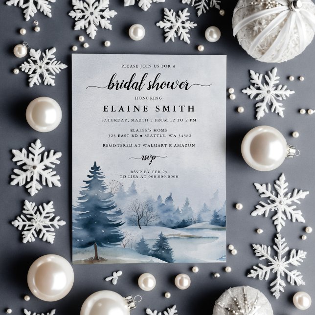 Convites Chá de panela de Férias de Neve na Floresta de Pin (Winter Pine Forest Snow Holidays Bridal Shower Invitation)