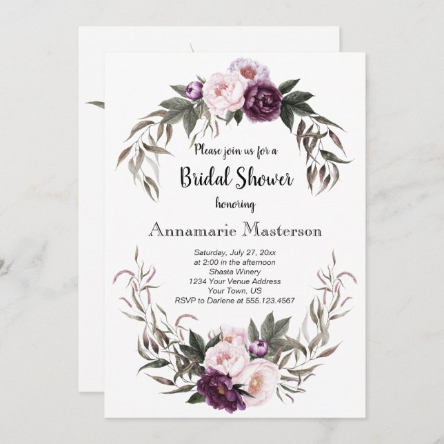 Convites Chá de panela de Ferida Púrpura de Pêonos Rosa (Frente/Verso)