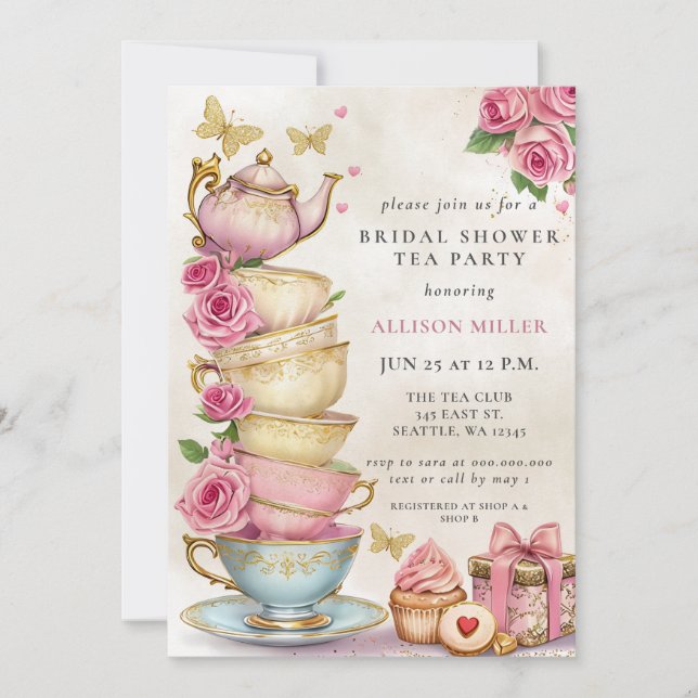 Convites Chá de panela de festa do chá Dourado com Rosa de  (Frente)