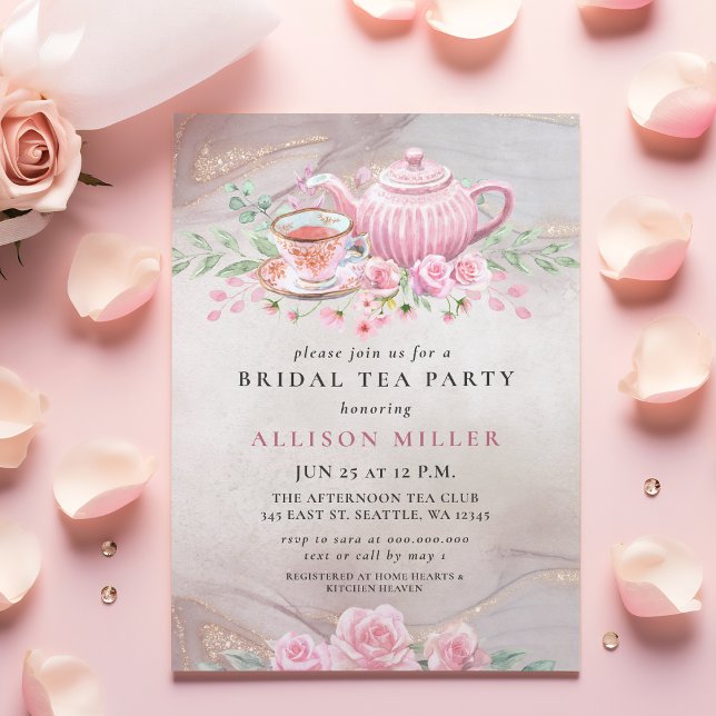 Convites Chá de panela de festa do chá Dourado com Rosa de  (Rustic Blush Rose Gold Tea Party Bridal Shower Invitation)