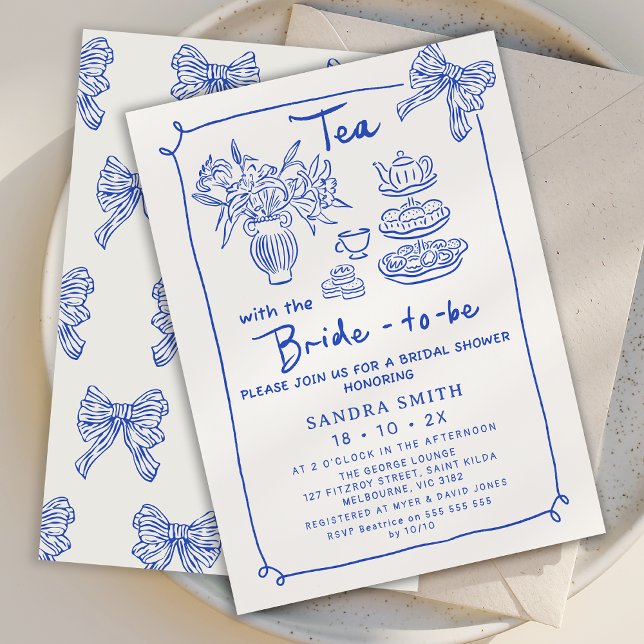Convites Chá de panela de festas de chá de mão azul branca (Hand Drawn Bridal Tea Invitation, Tea with the Bride to Be Invitation, Whimsical Tea Bridal Shower )