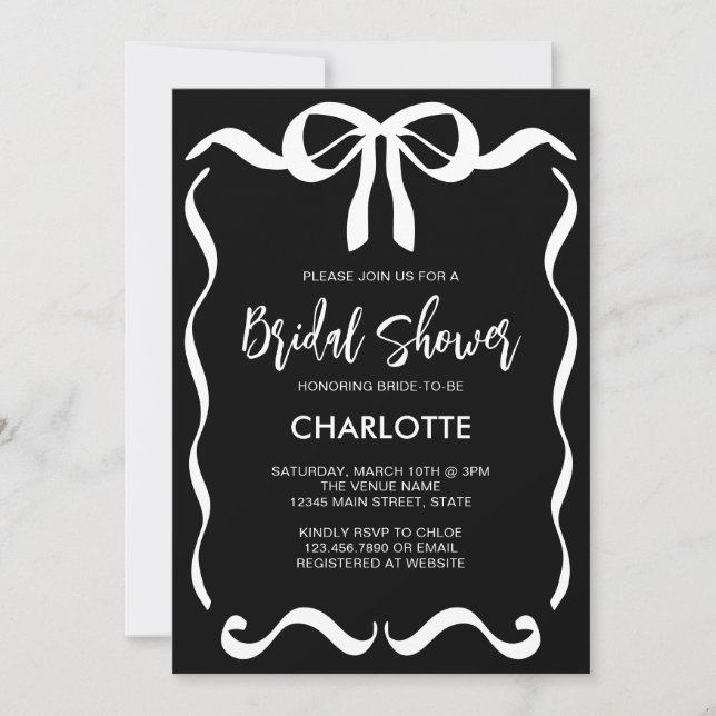 Convites Chá de panela de fita branca preto-moderno (Frente)