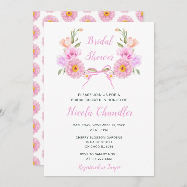 Convites Chá de panela de Fita Floral Rosa (Frente/Verso)