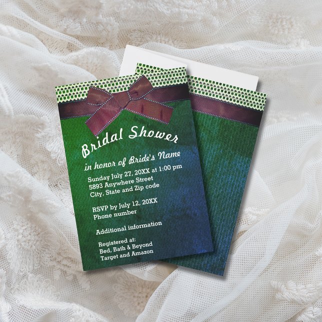 Convites Chá de panela de Fita, Lace, Verde e Azul (Ribbon, Lace, Green & Blue Burlap Bridal Shower Invitation)