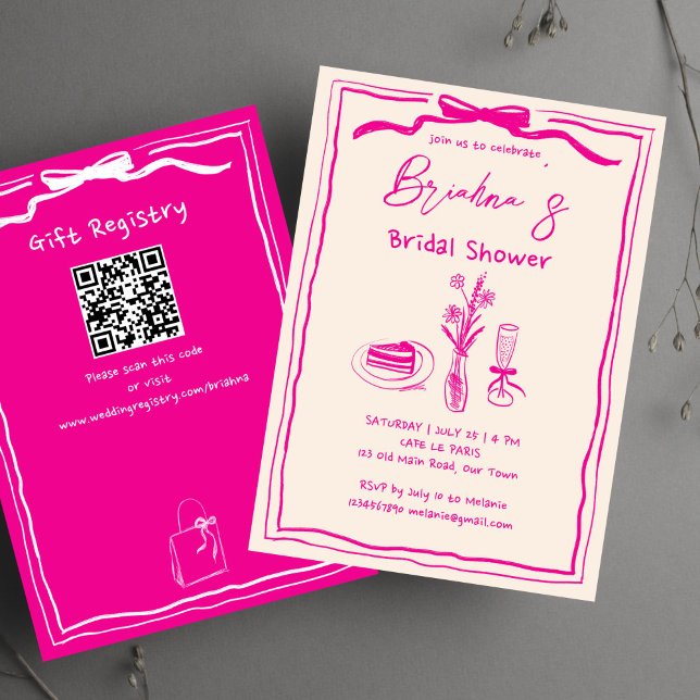 Convites Chá de panela de fita retrógrada retrógrada desenh (Handdrawn scribble retro pink ribbon bridal shower invitation template with qr registry digital)